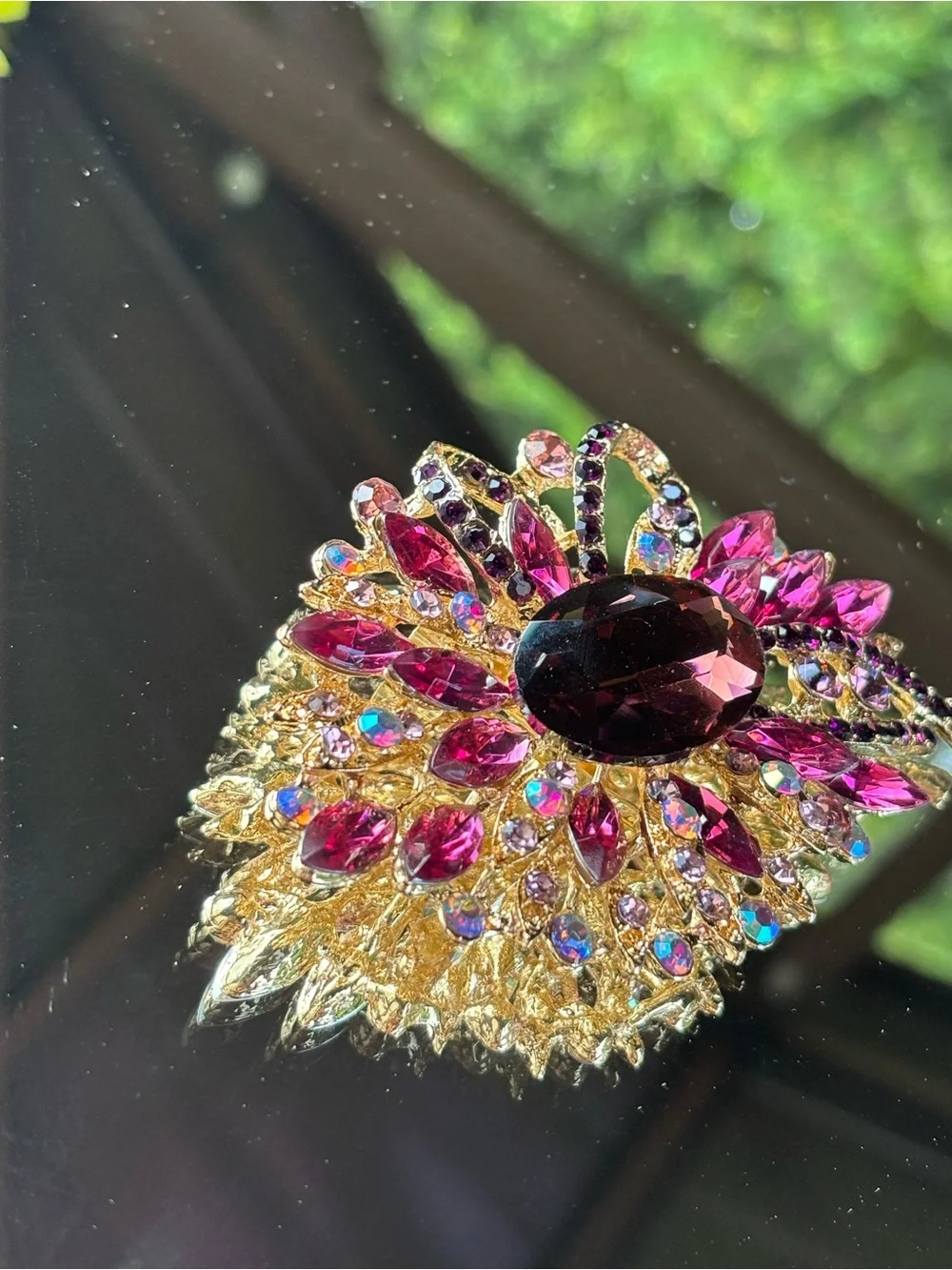 Gold-tone Pink Crystal Floral Brooch - Picture 3 of 7